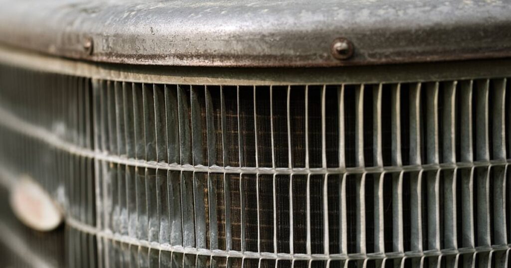 Older R-22 air conditioner condenser unit in Prosper TX showing weathered coil fins and data plate