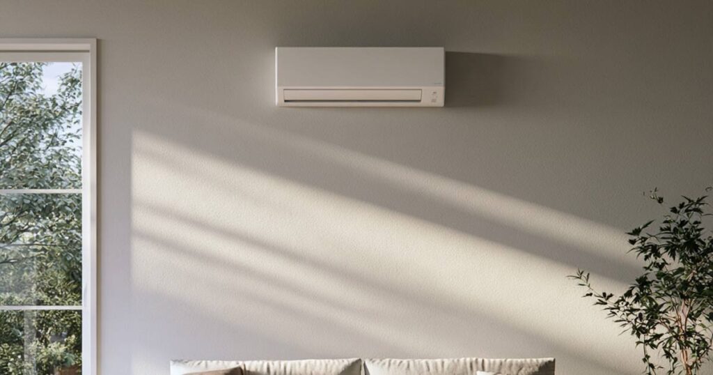 White ductless mini split head mounted on a living room wall in a DFW home