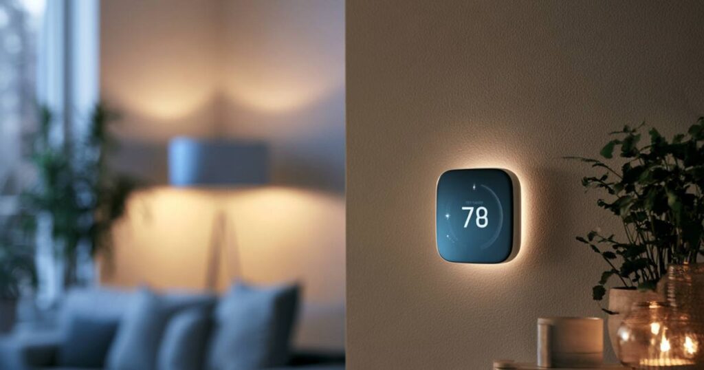 Residential thermostat on a wall, used to check the fan setting when a furnace blows cold air